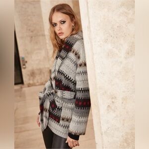 The Kooples Sz 6 Grey Wool Blend Aztec Western Belted Coat